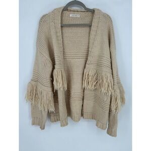 12th Tribe Beige Fringe Cardigan Womens M Boho Western Knit Festival Cozy Chic